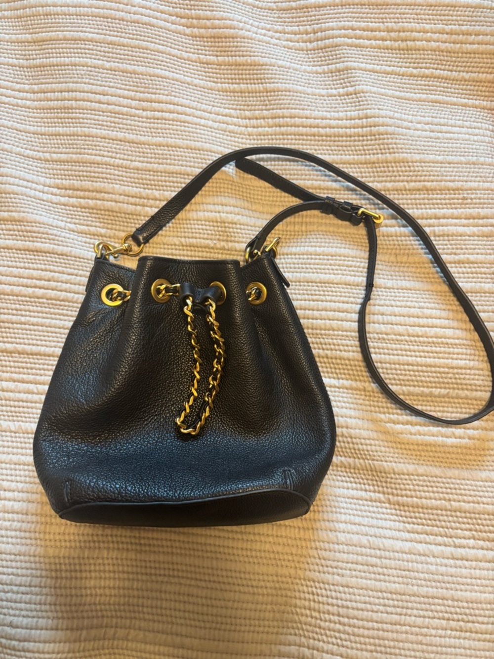 Rebecca Minkoff  Black Leather Drawstring Bucket Bag with Gold Chain Accent